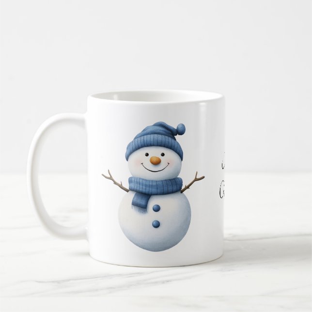 Cute Snowman in Blue Scarf and Knit Beanie Coffee Mug (Left)