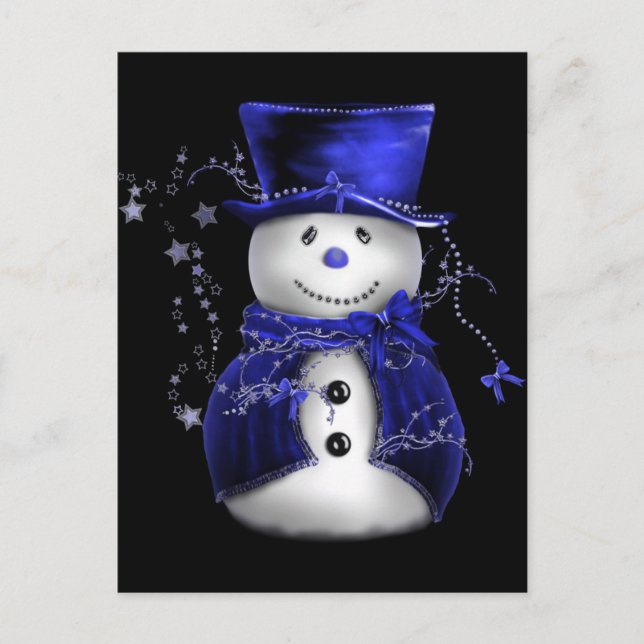 Cute Snowman in Blue Velvet Christmas Holiday Postcard (Front)