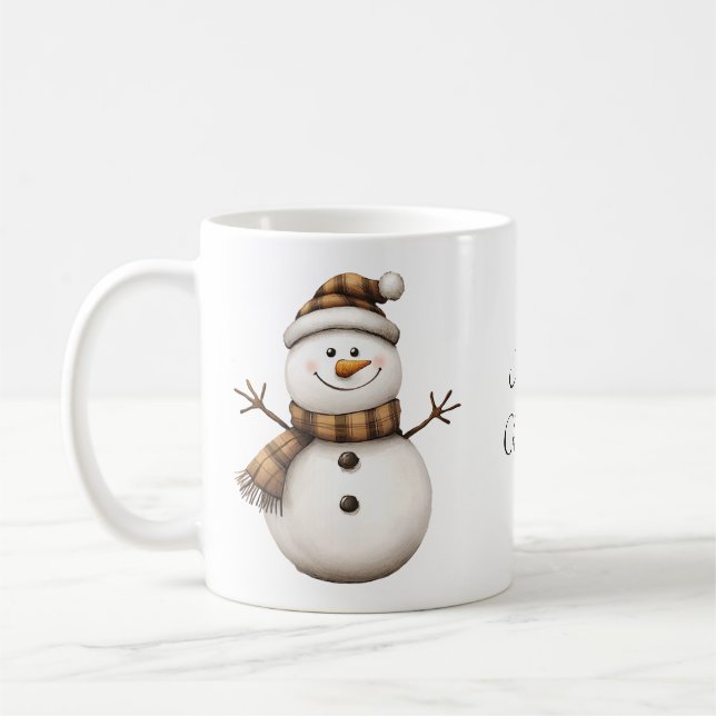 Cute Snowman in Brown Plaid Scarf Coffee Mug (Left)