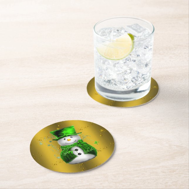 Cute Snowman in Green Velvet on Gold Christmas Round Paper Coaster (Insitu)