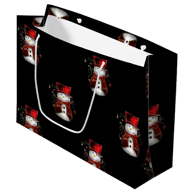 Cute Snowman in Red Velvet Christmas Large Gift Bag (Front Angled)