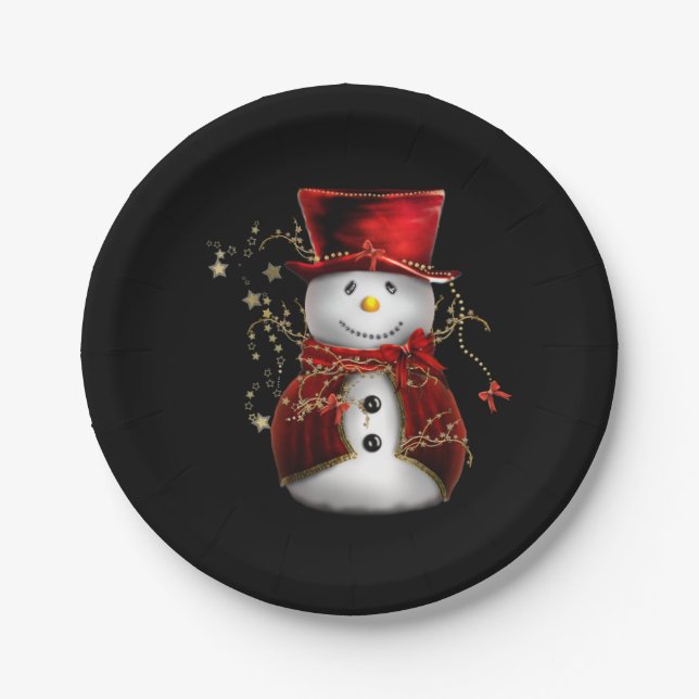 Cute Snowman in Red Velvet Christmas Paper Plate (Front)