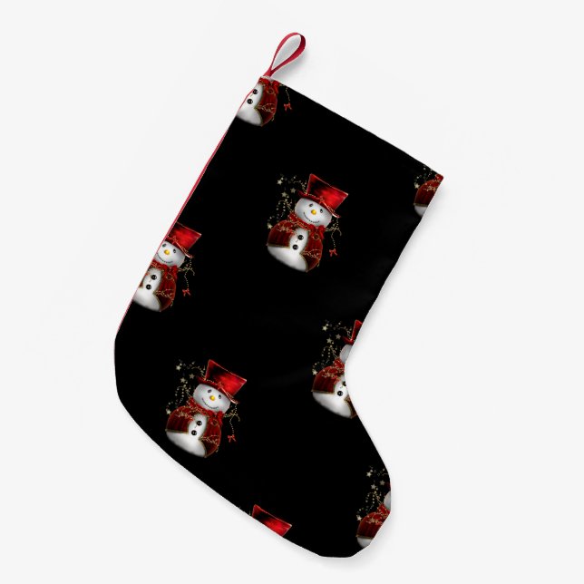 Cute Snowman in Red Velvet Christmas Small Christmas Stocking (Front (Hanging))
