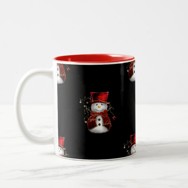 Cute Snowman in Red Velvet Christmas Two-Tone Coffee Mug (Left)