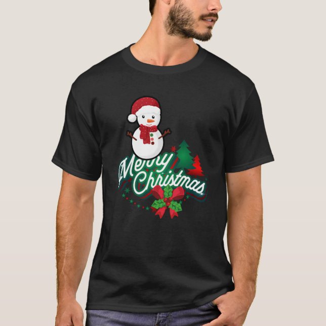 Cute Snowman in Santa Hat Merry Christmas T-Shirt (Front)