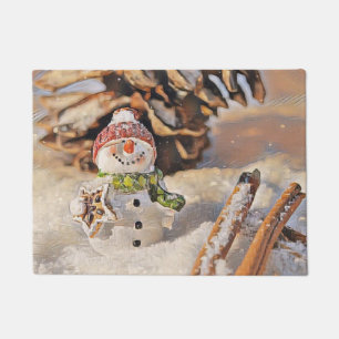 Cute snowman in snow watercolor painting  doormat
