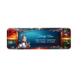 Cute Snowman in Stained Glass Frame Return Address