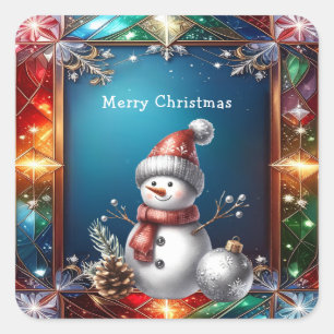 Cute Snowman in Stained Glass Frame Sticker