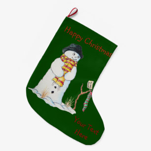 Cute snowman in the snow knitted patchwork large christmas stocking