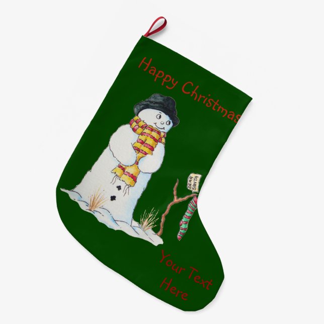 Cute snowman in the snow knitted patchwork large christmas stocking (Front (Hanging))