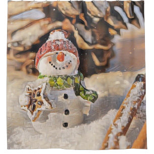 Cute Snowman in the snow watercolor painting  Shower Curtain