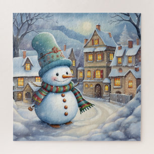 Cute Snowman in the Village Jigsaw Puzzle