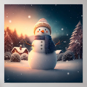 Cute snowman in winter forest.  poster