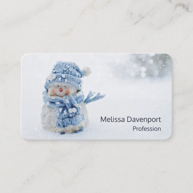 Cute Snowman in Winter Photograph Christmas Business Card (Front)