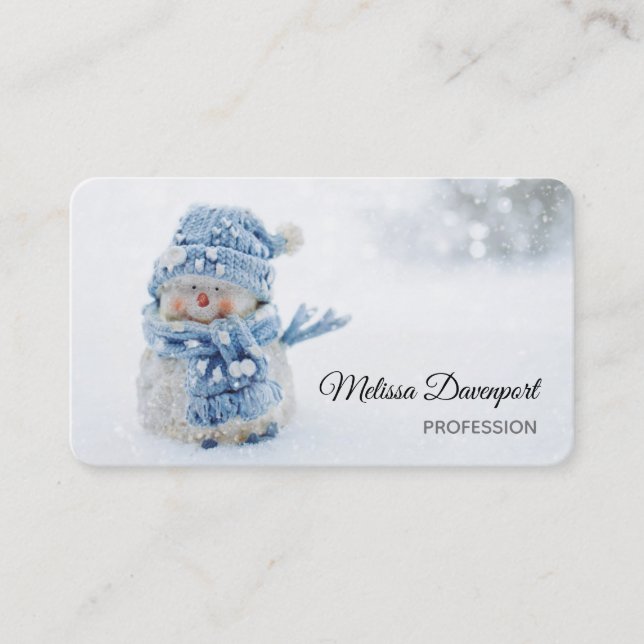 Cute Snowman in Winter Photograph Christmas Business Card (Front)