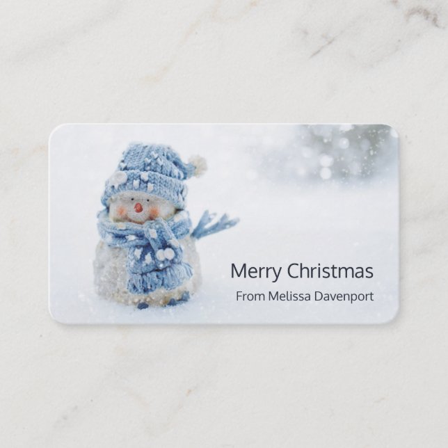 Cute Snowman in Winter Photograph Christmas Business Card (Front)