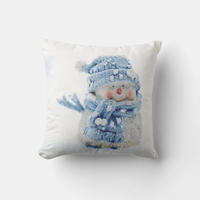 Cute Snowman in Winter Photograph Christmas Cushion (Front)