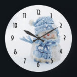 Cute Snowman in Winter Photograph Christmas Large Clock<br><div class="desc">Clock  Illustrated with a cute photograph of a little snowman. Standing outside in the winter with snow falling all around. This cute little guy is dressed up in blue knitted outdoor clothing. Some white/grey bokeh flare in the background.</div>