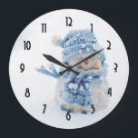 Cute Snowman in Winter Photograph Christmas Large Clock<br><div class="desc">Clock  Illustrated with a cute photograph of a little snowman. Standing outside in the winter with snow falling all around. This cute little guy is dressed up in blue knitted outdoor clothing. Some white/grey bokeh flare in the background.</div>