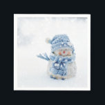 Cute Snowman in Winter Photograph Christmas Napkin<br><div class="desc">Paper napkins with a cute photograph of a little snowman. Standing outside in the winter with snow falling all around. This cute little guy is dressed up in blue knitted hat and scarf.</div>