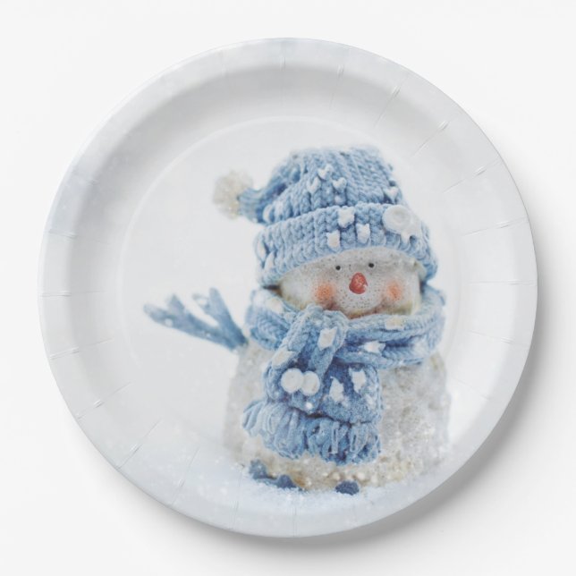 Cute Snowman in Winter Photograph Christmas Paper Plate (Front)