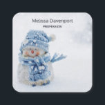 Cute Snowman in Winter Photograph Christmas Square Business Card<br><div class="desc">Business card with a cute photograph of a little snowman. Standing outside in the winter with snow falling all around. This cute little guy is dressed up in blue knitted hat and scarf. Some white/grey bokeh flare in the background.</div>