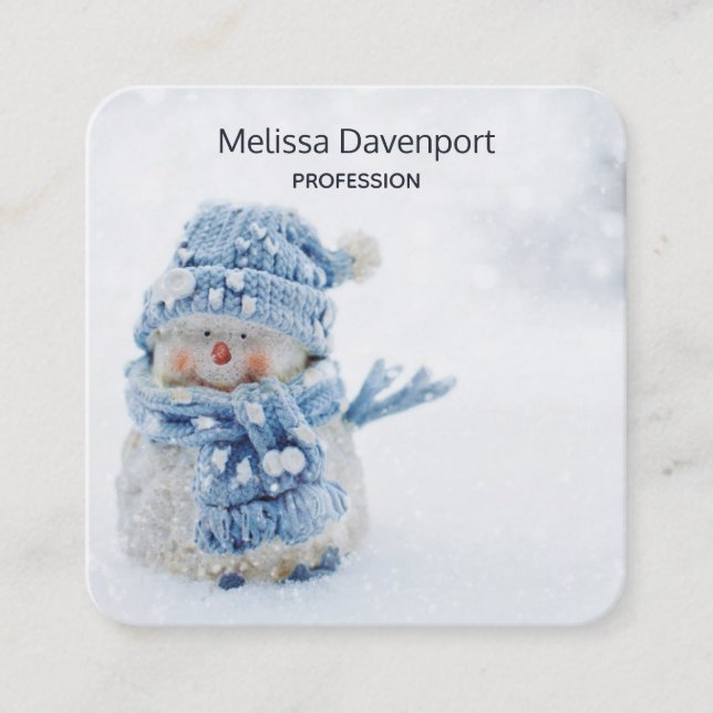 Cute Snowman in Winter Photograph Christmas Square Business Card (Front)