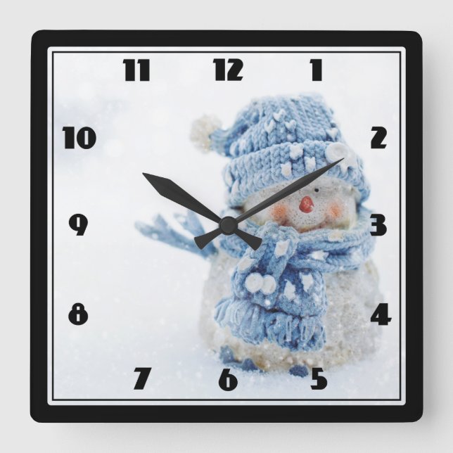 Cute Snowman in Winter Photograph Christmas Square Wall Clock (Front)