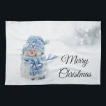 Cute Snowman in Winter Photograph Christmas Tea Towel<br><div class="desc">A kitchen towel with a cute photograph with a little snowman. Standing outside in the winter with snow falling all around. This cute little guy is dressed up in blue knitted outdoor clothing. Some white/grey bokeh flare in the background.</div>