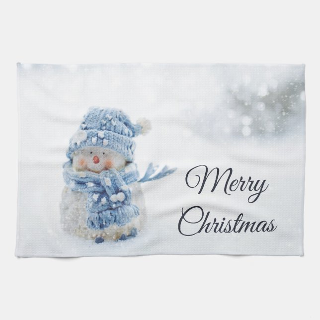 Cute Snowman in Winter Photograph Christmas Tea Towel (Horizontal)