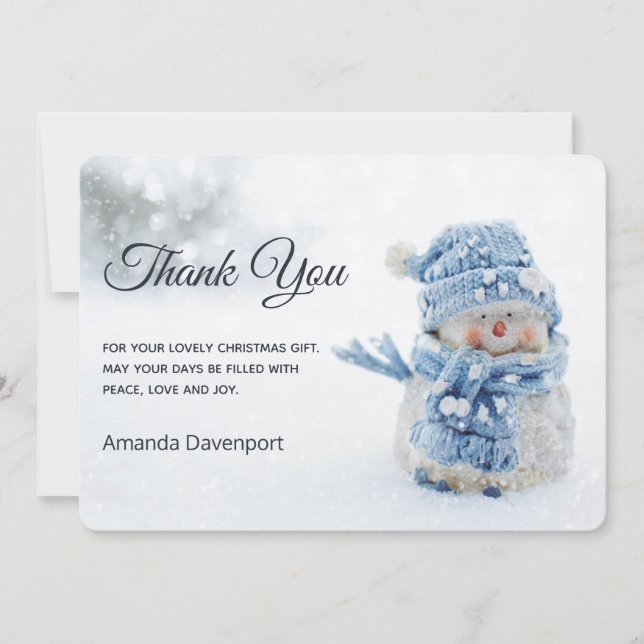 Cute Snowman in Winter Photograph Christmas Thank You Card (Front)