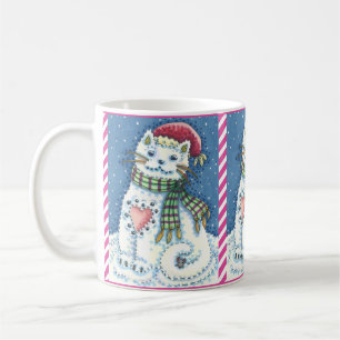 CUTE SNOWMAN KITTEN, SNOWFLAKES CAT AND MOUSE COFFEE MUG