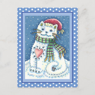 CUTE SNOWMAN KITTEN, SNOWFLAKES CAT AND MOUSE HOLIDAY POSTCARD