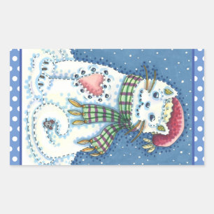 CUTE SNOWMAN KITTEN, SNOWFLAKES CAT AND MOUSE RECTANGULAR STICKER