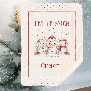 Cute Snowman Let It Snow With Name Sherpa Blanket