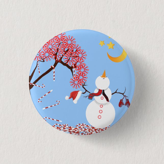 Cute Snowman Looking Up at the Moon Button (Front)