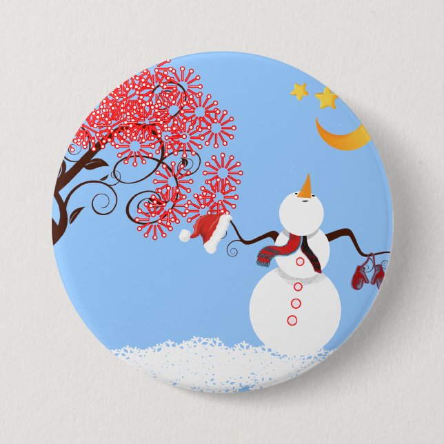 Cute Snowman Looking Up at the Moon Button (Front)