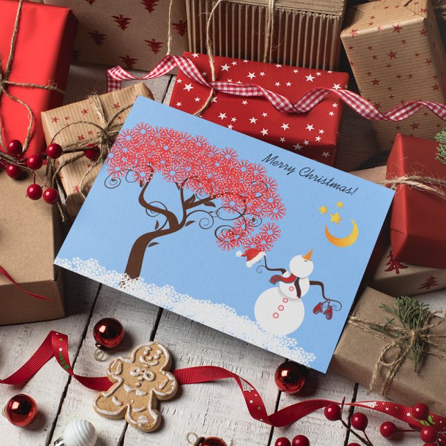 Cute Snowman Looking up at the Moon Holiday Card (Creator Uploaded)