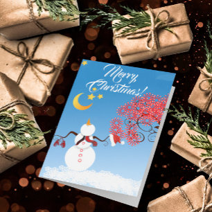 Cute Snowman Looking up at the Moon Holiday Card
