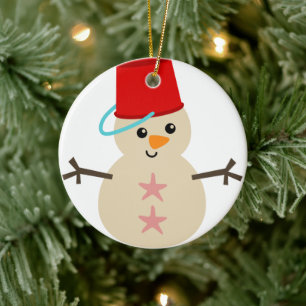 Cute Snowman Made of Sand with Pail for Hat Ceramic Tree Decoration
