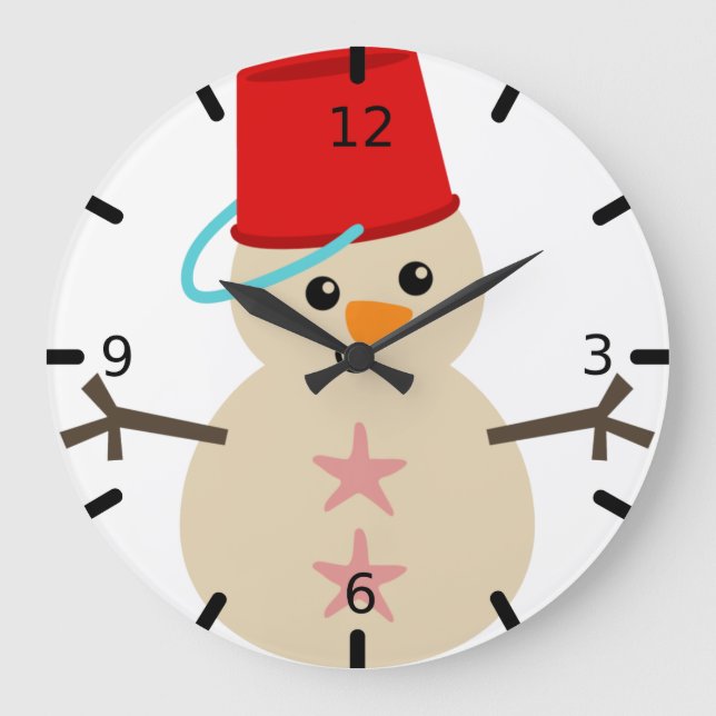 Cute Snowman Made of Sand with Pail for Hat Large  Clock (Front)