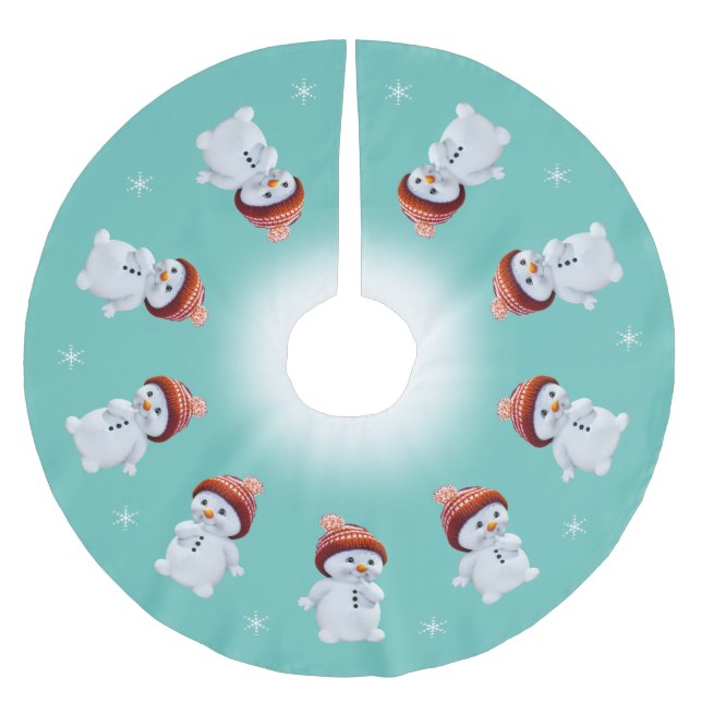 Cute snowman mandala & snowflakes on teal brushed polyester tree skirt (Front)
