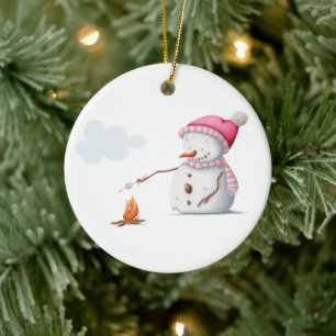 Cute Snowman Marshmallows Merry Christmas Ceramic Tree Decoration