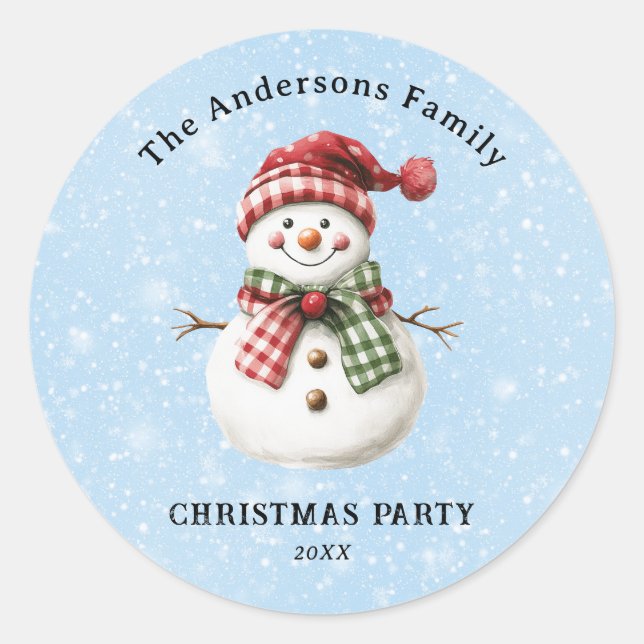 Cute Snowman Merry Christmas Family Party Custom Classic Round Sticker (Front)