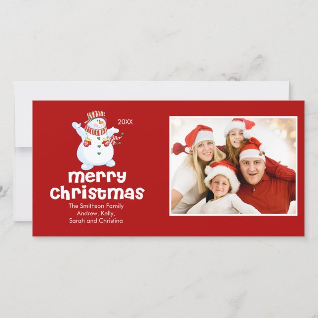 CUTE Snowman Merry Christmas Family Photo Card (Front)
