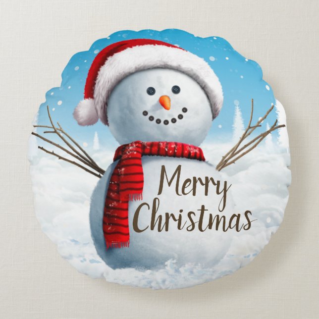 Cute Snowman Merry Christmas Round Pillow (Front)