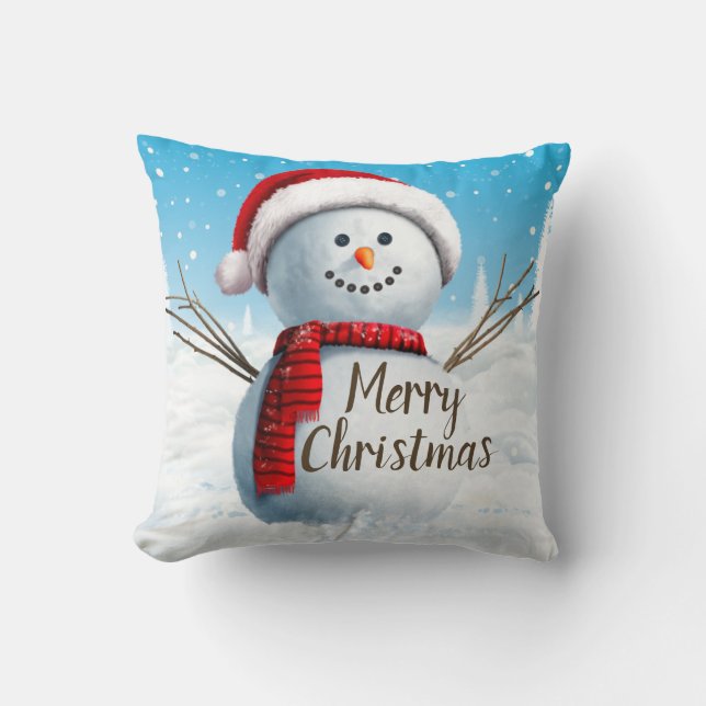 Cute Snowman Merry Christmas Throw Pillow (Front)