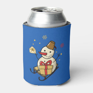 Cute Snowman On A Sled Can Cooler