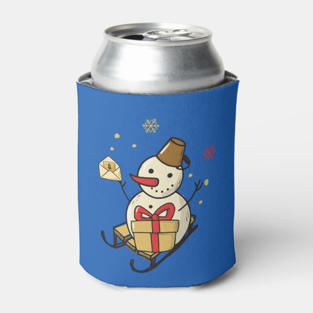 Cute Snowman On A Sled Can Cooler (Can Front)