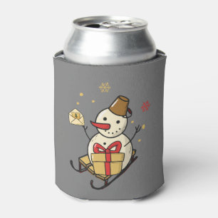 Cute Snowman On A Sled Can Cooler